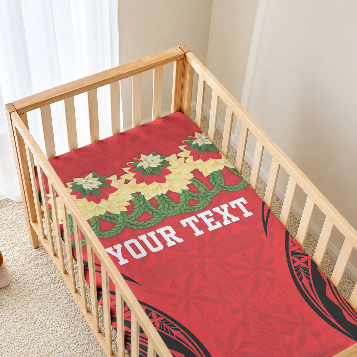 Personalised Red Tonga Ngatu Kahoa Lei Baby Bed Cover LT14 - Polynesian Pride