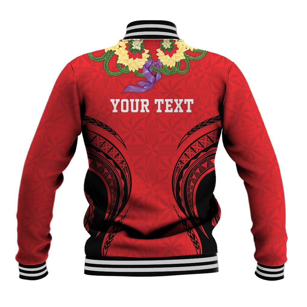Personalised Red Tonga Ngatu Kahoa Lei Baseball Jacket LT14 - Polynesian Pride