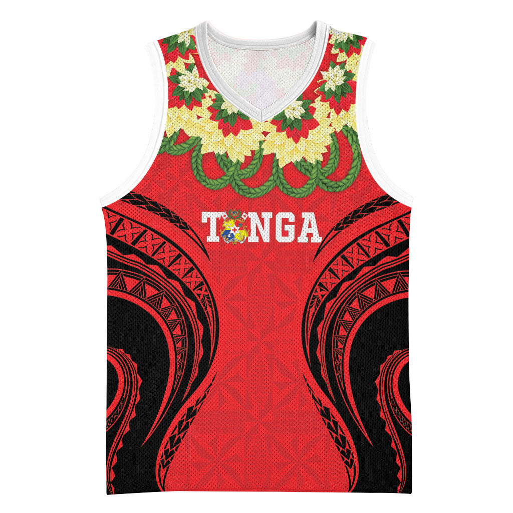 Personalised Red Tonga Ngatu Kahoa Lei Basketball Jersey LT14 Unisex Red - Polynesian Pride