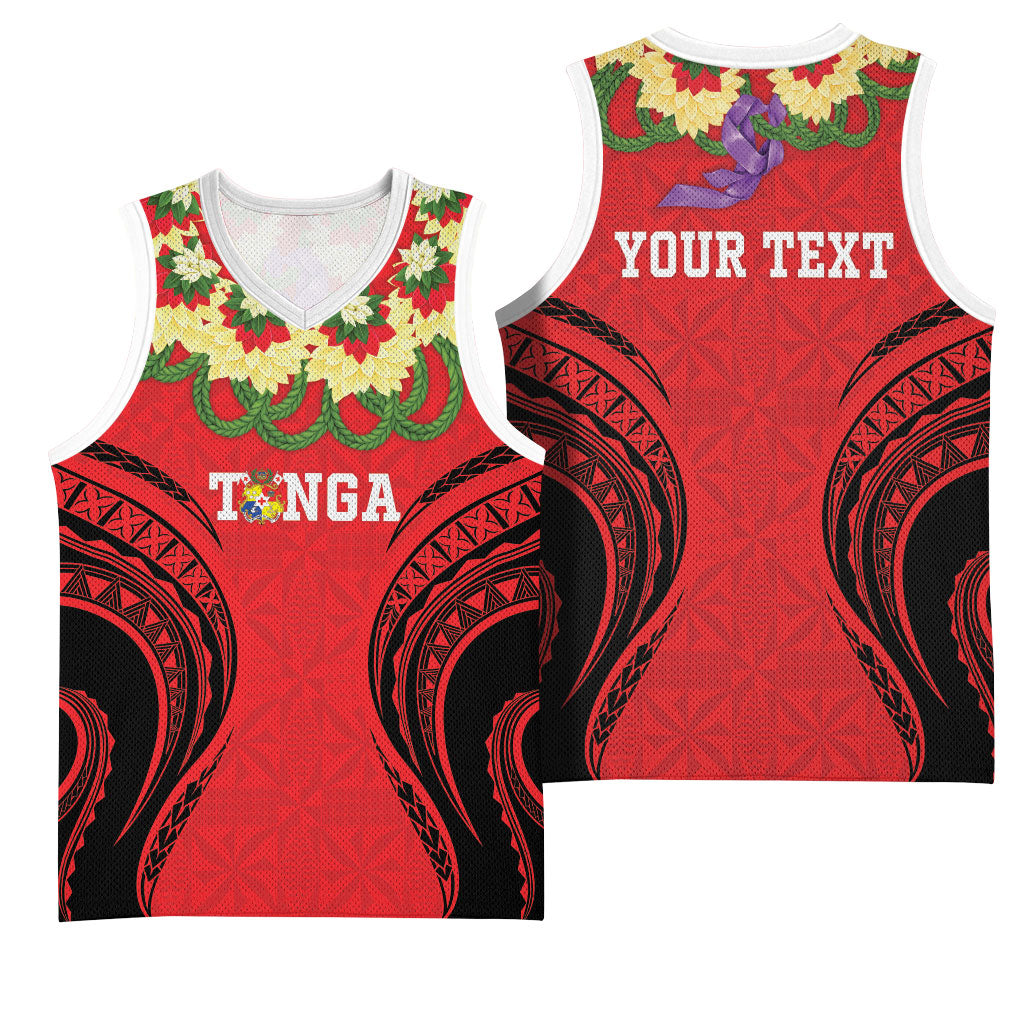 Personalised Red Tonga Ngatu Kahoa Lei Basketball Jersey LT14 - Polynesian Pride