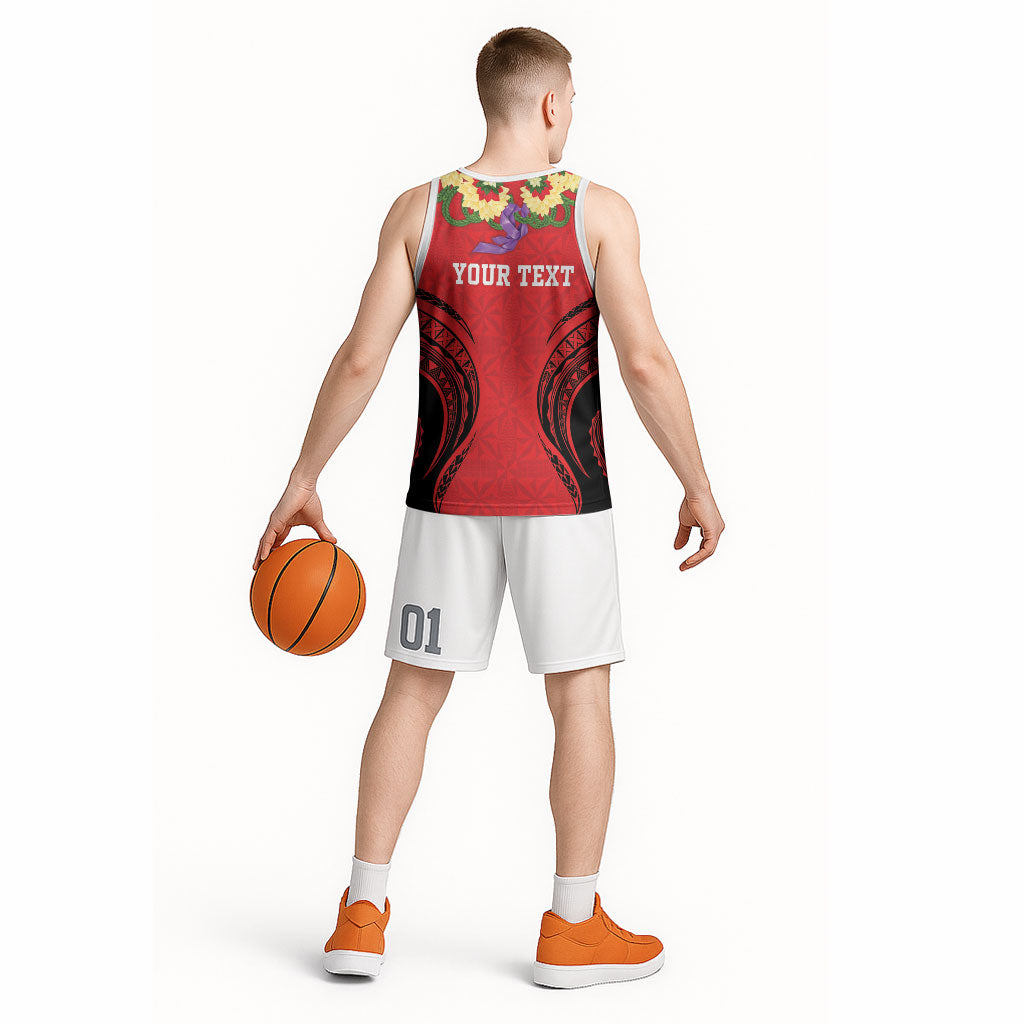 Personalised Red Tonga Ngatu Kahoa Lei Basketball Jersey LT14 - Polynesian Pride