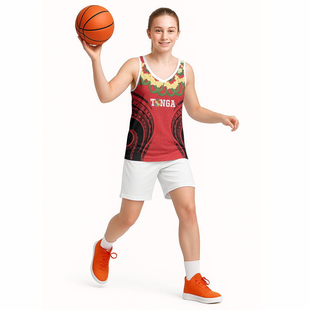 Personalised Red Tonga Ngatu Kahoa Lei Basketball Jersey LT14 - Polynesian Pride