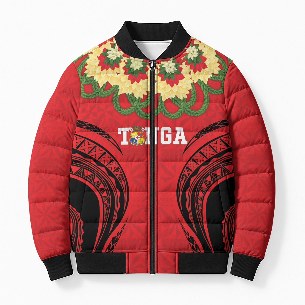 Personalised Red Tonga Ngatu Kahoa Lei Bomber Puffer Jacket LT14 Unisex Red - Polynesian Pride