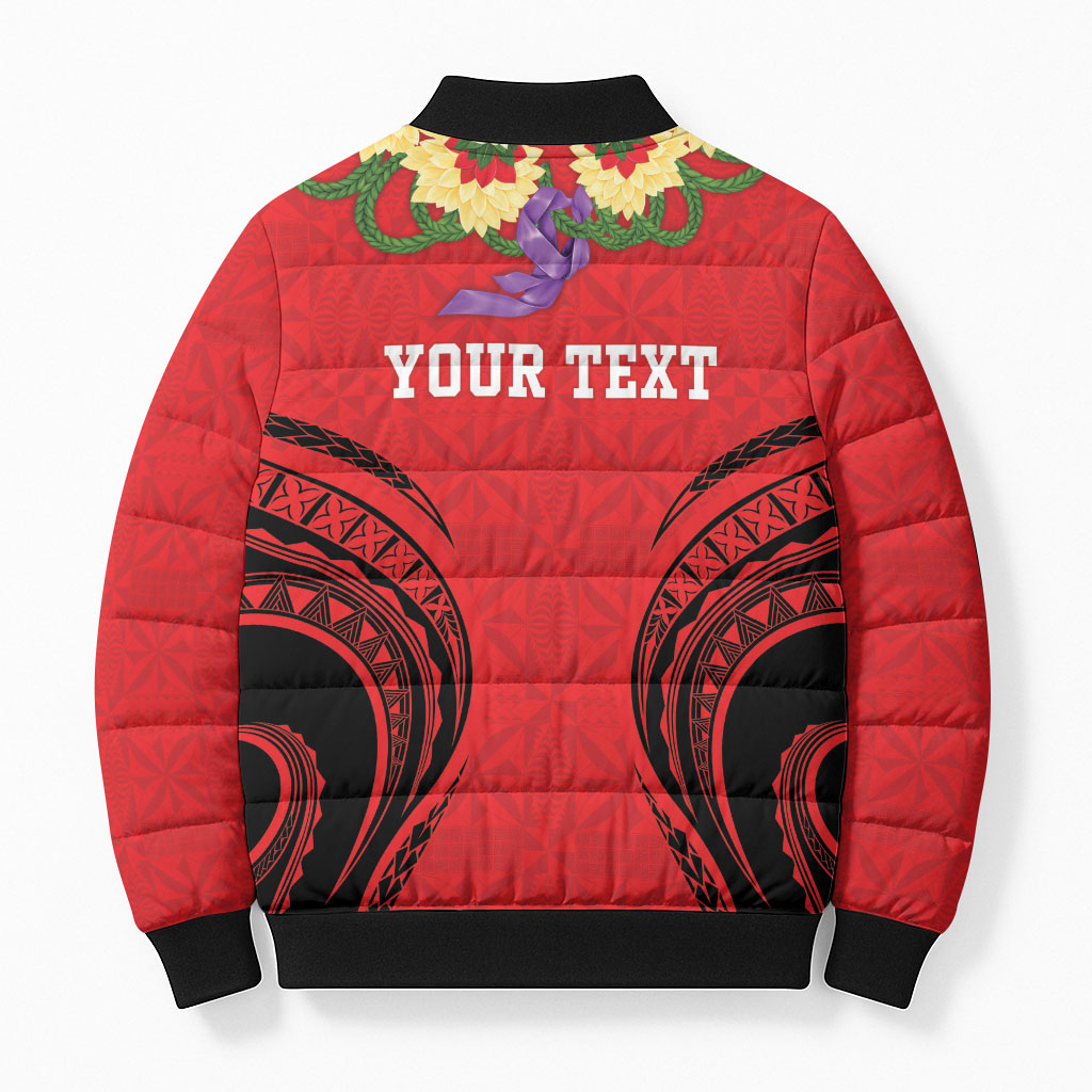 Personalised Red Tonga Ngatu Kahoa Lei Bomber Puffer Jacket LT14 - Polynesian Pride