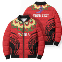 Personalised Red Tonga Ngatu Kahoa Lei Bomber Puffer Jacket LT14 - Polynesian Pride