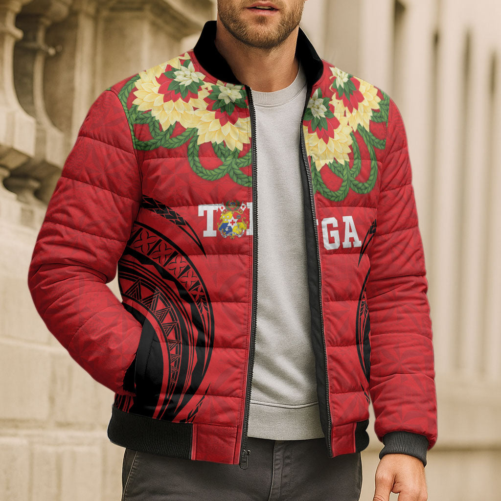 Personalised Red Tonga Ngatu Kahoa Lei Bomber Puffer Jacket LT14 - Polynesian Pride