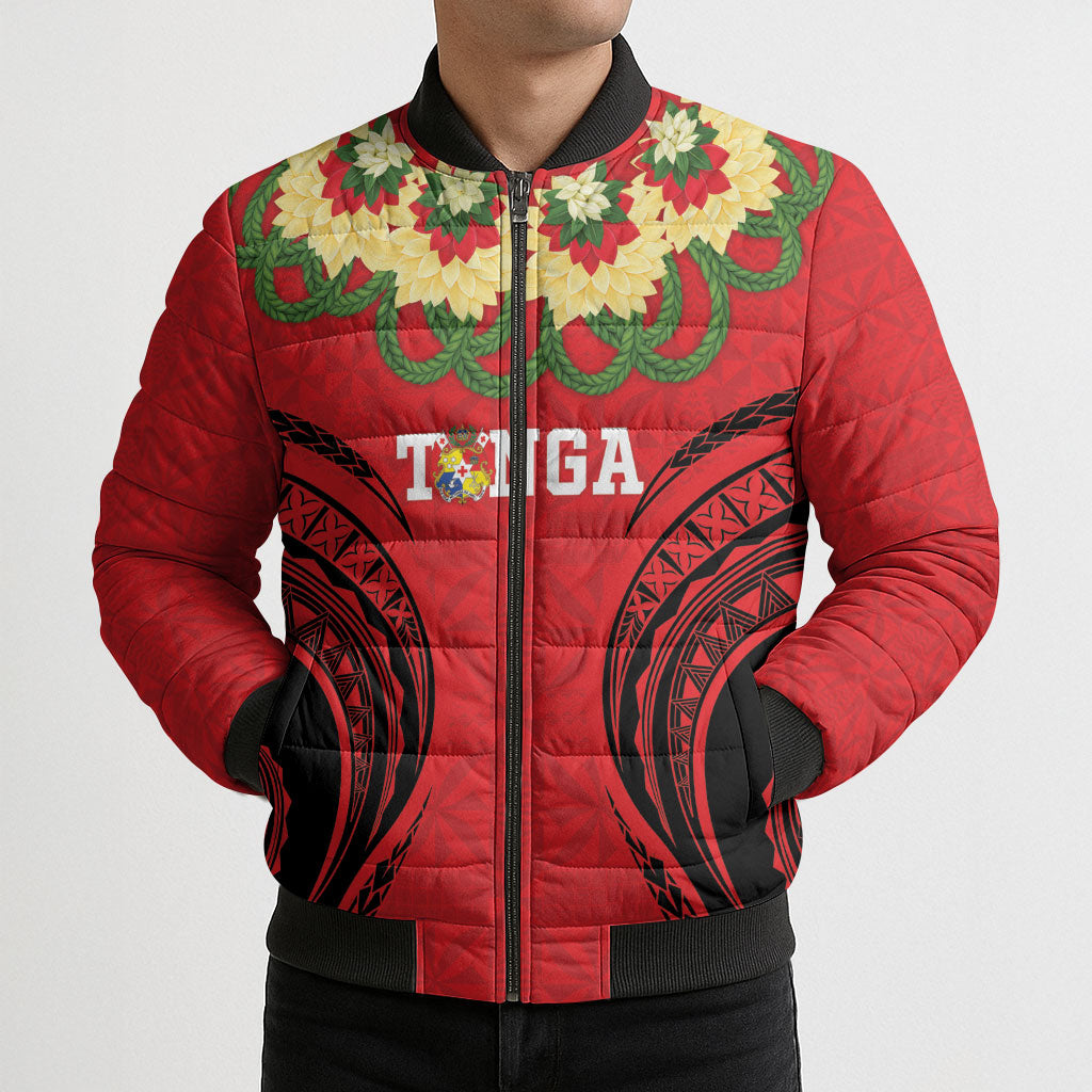Personalised Red Tonga Ngatu Kahoa Lei Bomber Puffer Jacket LT14 - Polynesian Pride
