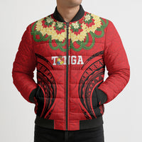Personalised Red Tonga Ngatu Kahoa Lei Bomber Puffer Jacket LT14 - Polynesian Pride