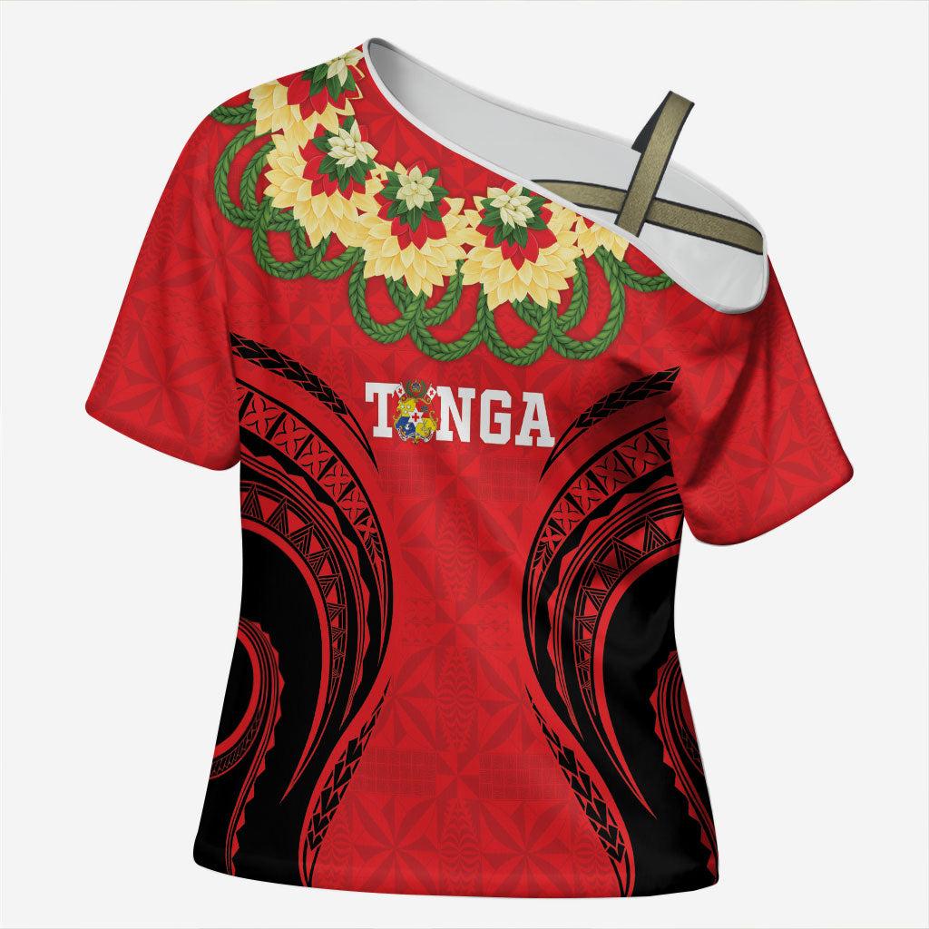 Personalised Red Tonga Ngatu Kahoa Lei Cross Shoulder Shirt LT14 Female Red - Polynesian Pride