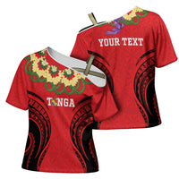 Personalised Red Tonga Ngatu Kahoa Lei Cross Shoulder Shirt LT14 - Polynesian Pride
