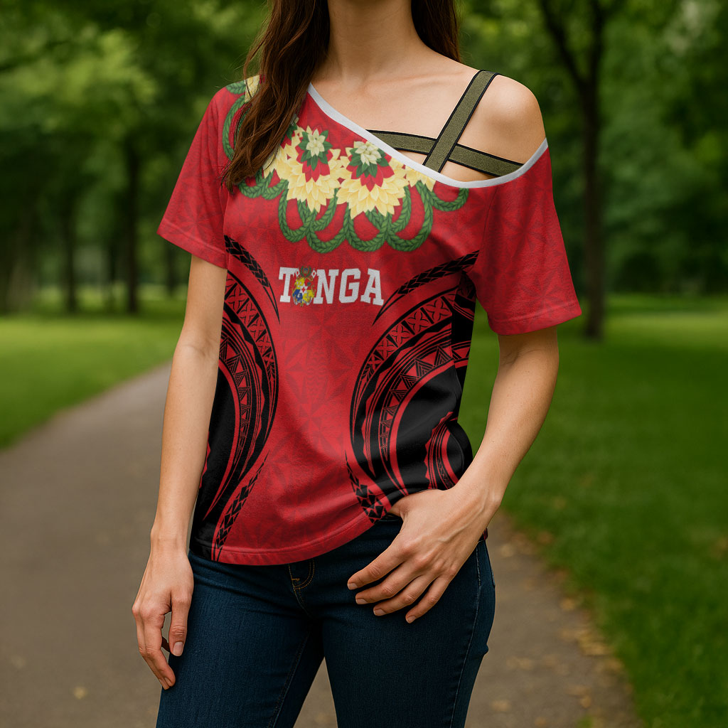 Personalised Red Tonga Ngatu Kahoa Lei Cross Shoulder Shirt LT14 - Polynesian Pride
