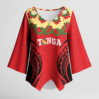 Personalised Red Tonga Ngatu Kahoa Lei Kimono Sleeve Blouse LT14 Female Red - Polynesian Pride