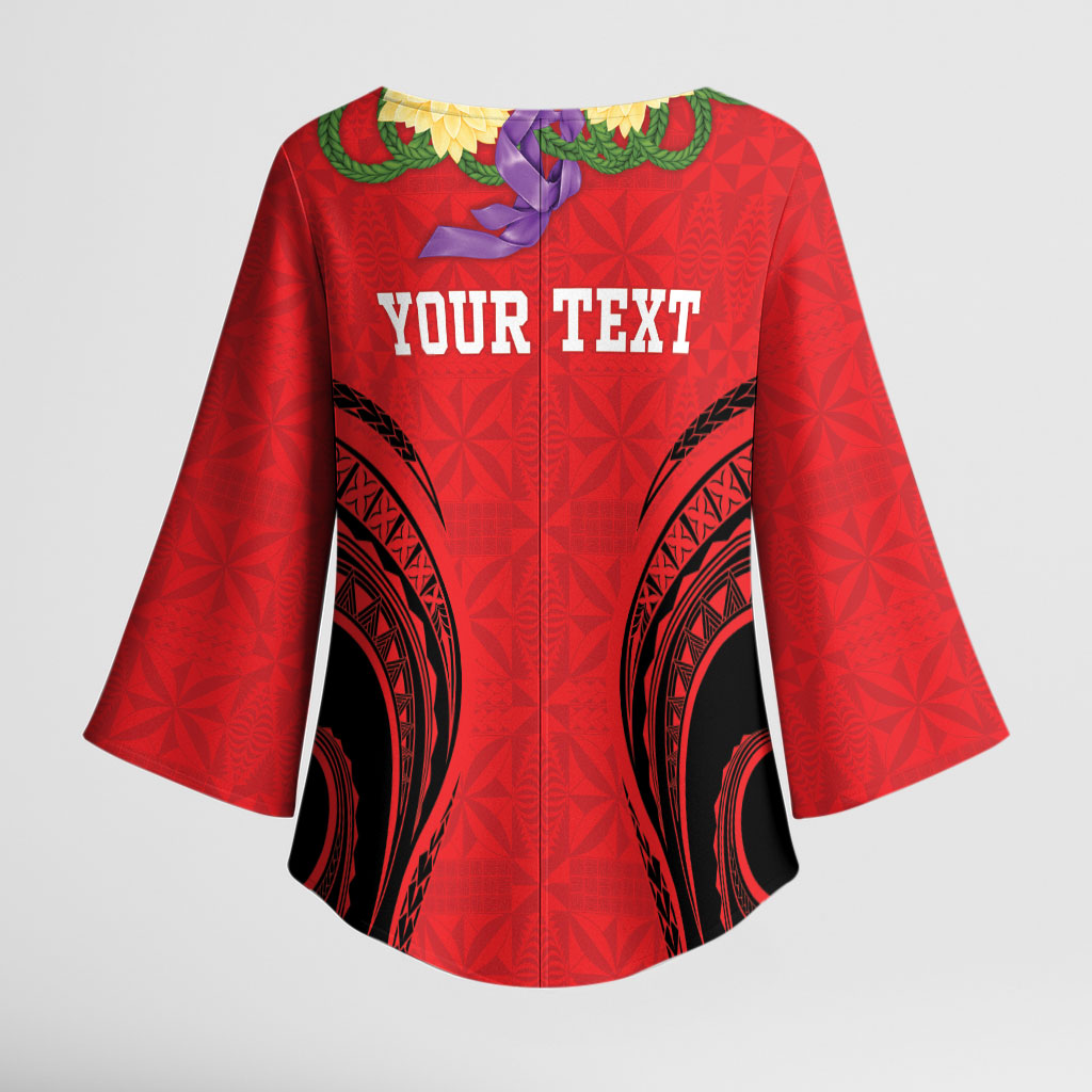 Personalised Red Tonga Ngatu Kahoa Lei Kimono Sleeve Blouse LT14 - Polynesian Pride