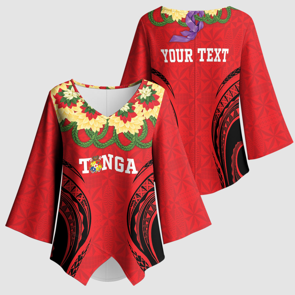 Personalised Red Tonga Ngatu Kahoa Lei Kimono Sleeve Blouse LT14 - Polynesian Pride