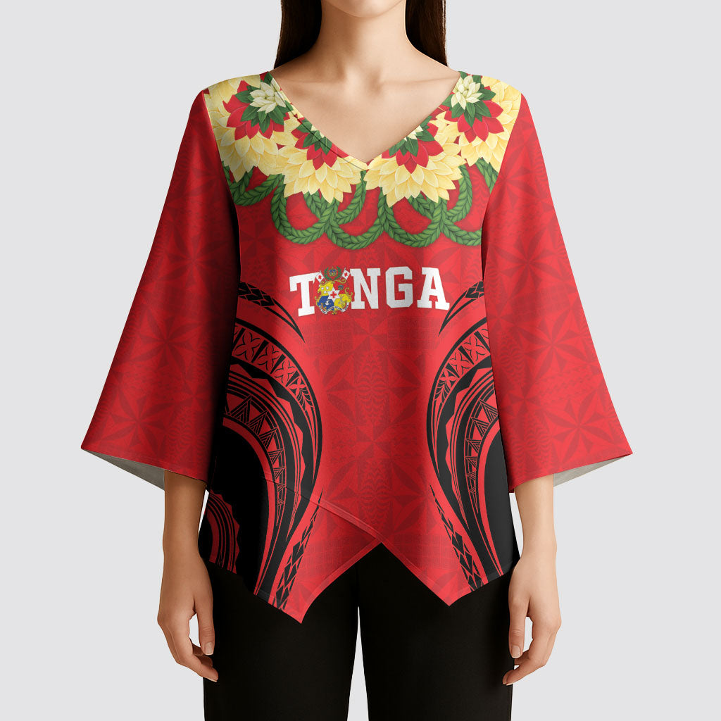 Personalised Red Tonga Ngatu Kahoa Lei Kimono Sleeve Blouse LT14 - Polynesian Pride