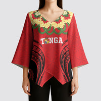 Personalised Red Tonga Ngatu Kahoa Lei Kimono Sleeve Blouse LT14 - Polynesian Pride