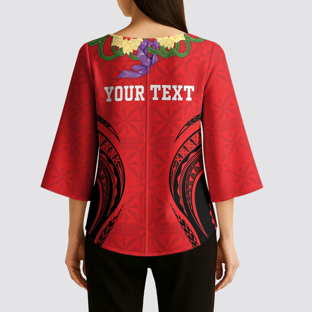 Personalised Red Tonga Ngatu Kahoa Lei Kimono Sleeve Blouse LT14 - Polynesian Pride