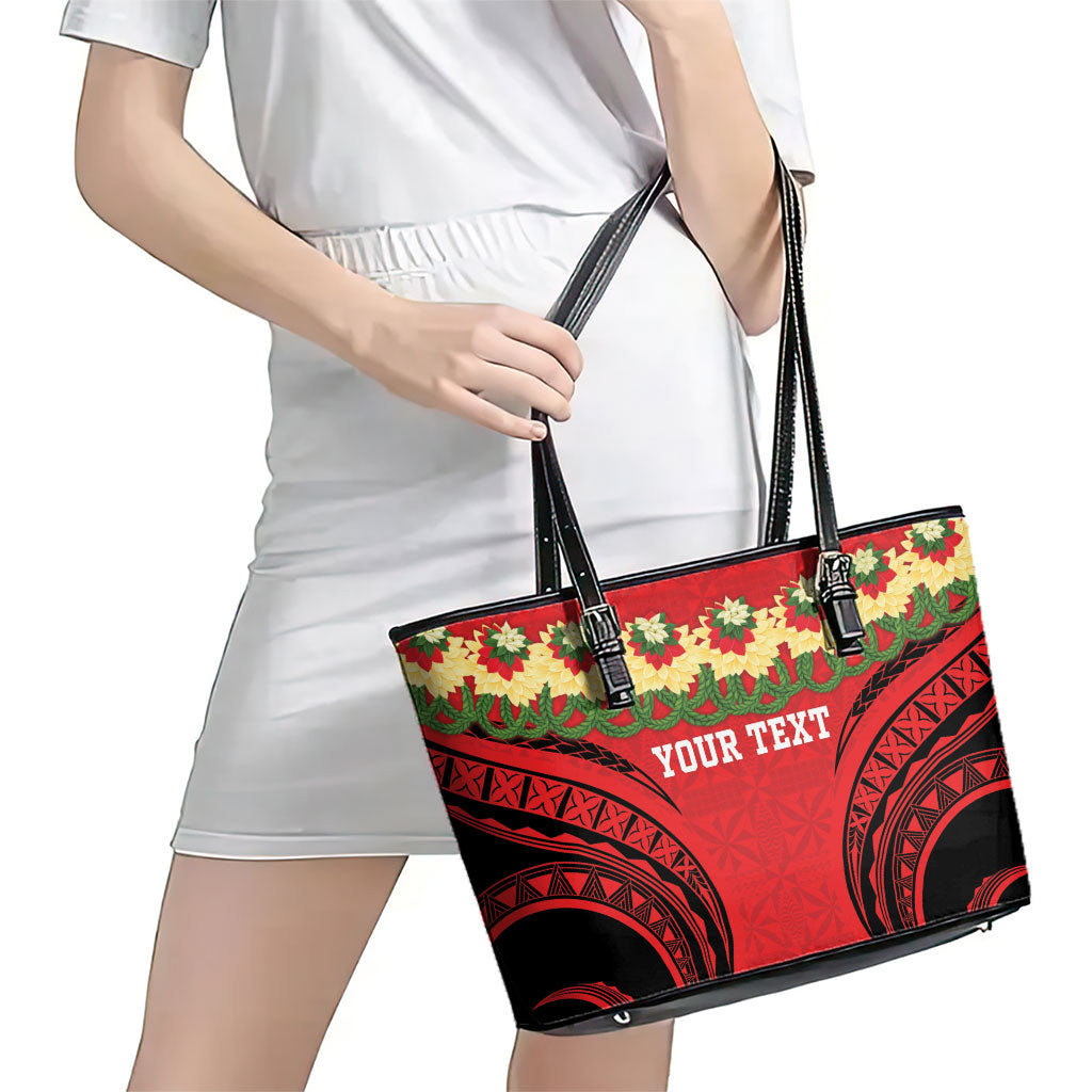 Personalised Red Tonga Ngatu Kahoa Lei Leather Tote Bag LT14 - Polynesian Pride