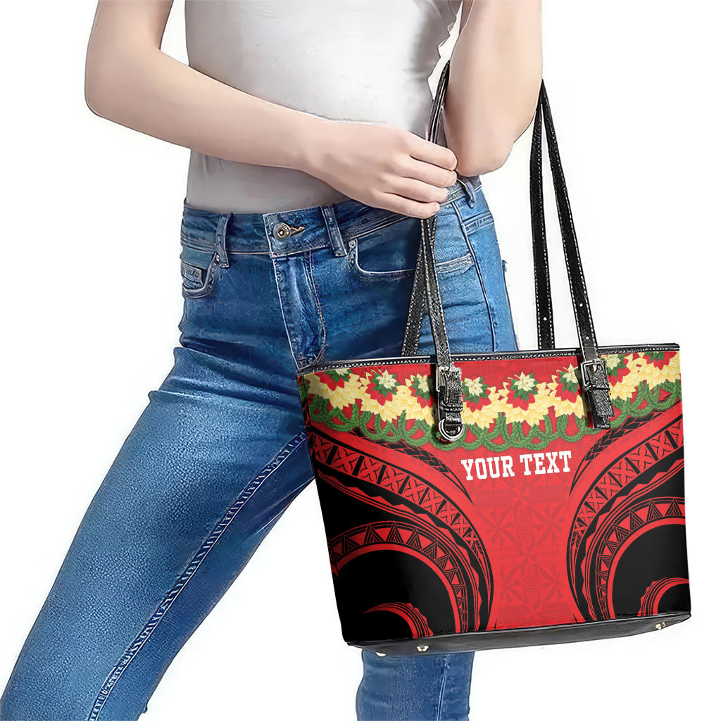 Personalised Red Tonga Ngatu Kahoa Lei Leather Tote Bag LT14 - Polynesian Pride
