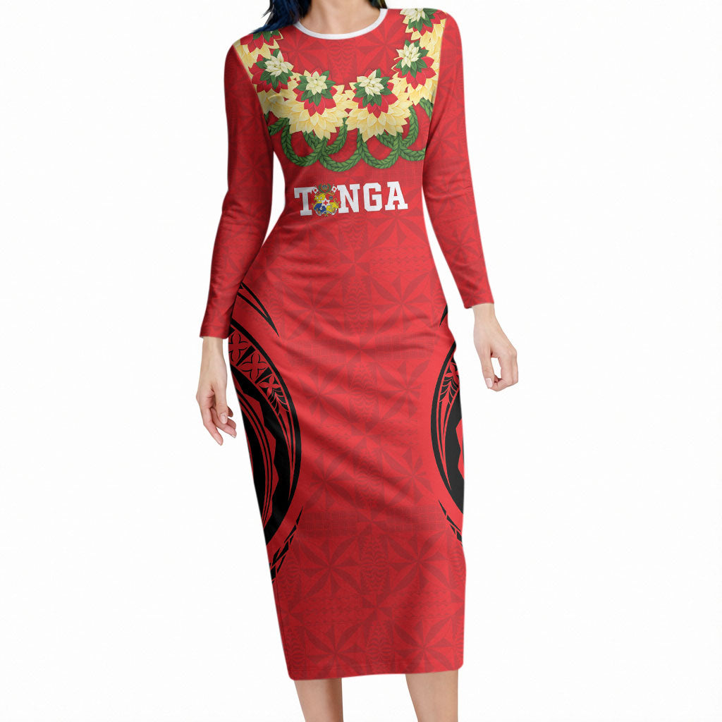 Personalised Red Tonga Ngatu Kahoa Lei Long Sleeve Bodycon Dress LT14 Long Dress Red - Polynesian Pride