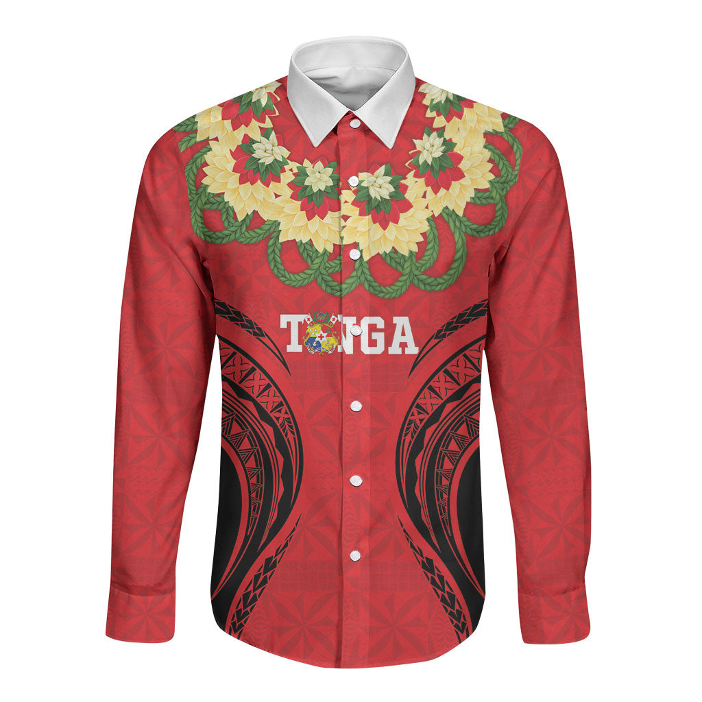 Personalised Red Tonga Ngatu Kahoa Lei Long Sleeve Button Shirt LT14 Unisex Red - Polynesian Pride