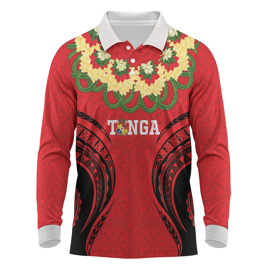 Personalised Red Tonga Ngatu Kahoa Lei Long Sleeve Polo Shirt LT14 Red - Polynesian Pride