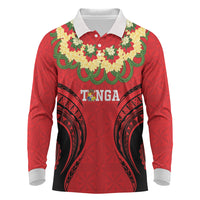 Personalised Red Tonga Ngatu Kahoa Lei Long Sleeve Polo Shirt LT14 Red - Polynesian Pride