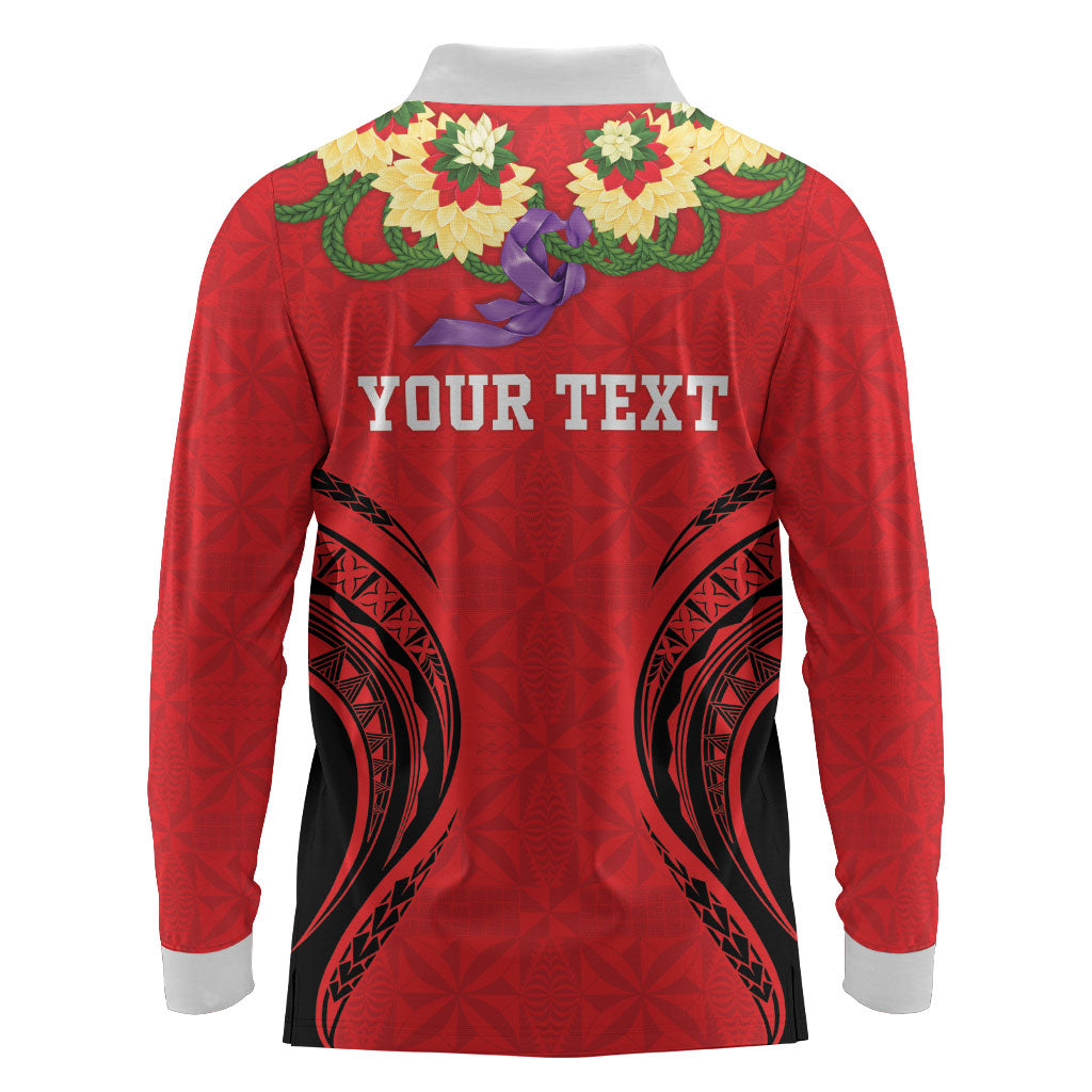 Personalised Red Tonga Ngatu Kahoa Lei Long Sleeve Polo Shirt LT14 - Polynesian Pride