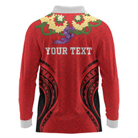 Personalised Red Tonga Ngatu Kahoa Lei Long Sleeve Polo Shirt LT14 - Polynesian Pride