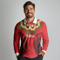 Personalised Red Tonga Ngatu Kahoa Lei Long Sleeve Polo Shirt LT14 - Polynesian Pride