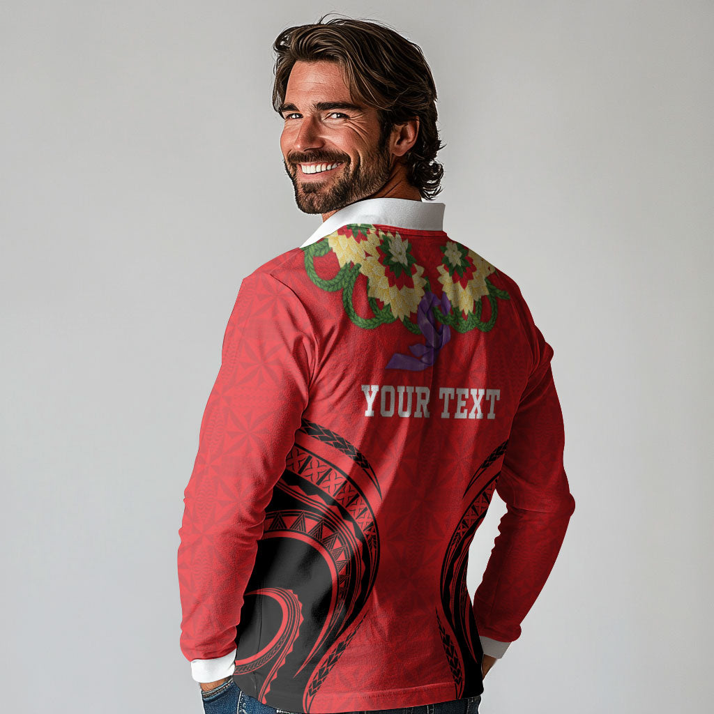 Personalised Red Tonga Ngatu Kahoa Lei Long Sleeve Polo Shirt LT14 - Polynesian Pride