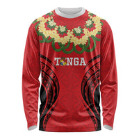 Personalised Red Tonga Ngatu Kahoa Lei Long Sleeve Shirt LT14 Unisex Red - Polynesian Pride