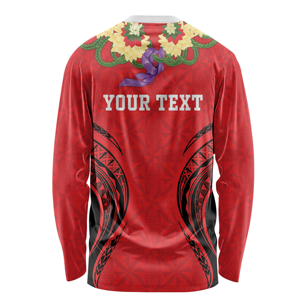 Personalised Red Tonga Ngatu Kahoa Lei Long Sleeve Shirt LT14 - Polynesian Pride