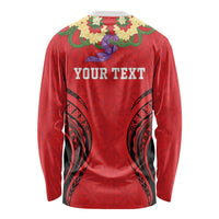 Personalised Red Tonga Ngatu Kahoa Lei Long Sleeve Shirt LT14 - Polynesian Pride