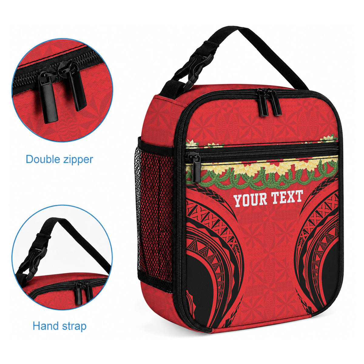 Personalised Red Tonga Ngatu Kahoa Lei Lunch Bag LT14 - Polynesian Pride