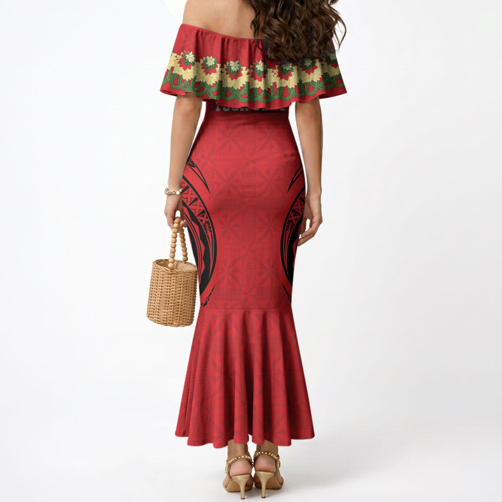 Personalised Red Tonga Ngatu Kahoa Lei Mermaid Dress LT14 - Polynesian Pride