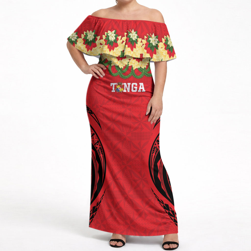 Personalised Red Tonga Ngatu Kahoa Lei Off Shoulder Maxi Dress LT14 Women Red - Polynesian Pride