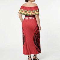 Personalised Red Tonga Ngatu Kahoa Lei Off Shoulder Maxi Dress LT14 - Polynesian Pride