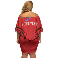 Personalised Red Tonga Ngatu Kahoa Lei Off Shoulder Short Dress LT14 - Polynesian Pride