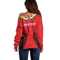 Personalised Red Tonga Ngatu Kahoa Lei Off Shoulder Sweater LT14 - Polynesian Pride