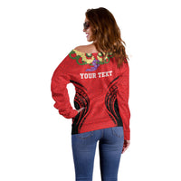 Personalised Red Tonga Ngatu Kahoa Lei Off Shoulder Sweater LT14 - Polynesian Pride