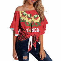 Personalised Red Tonga Ngatu Kahoa Lei Off Shoulder Wrap Waist Top LT14 Red - Polynesian Pride