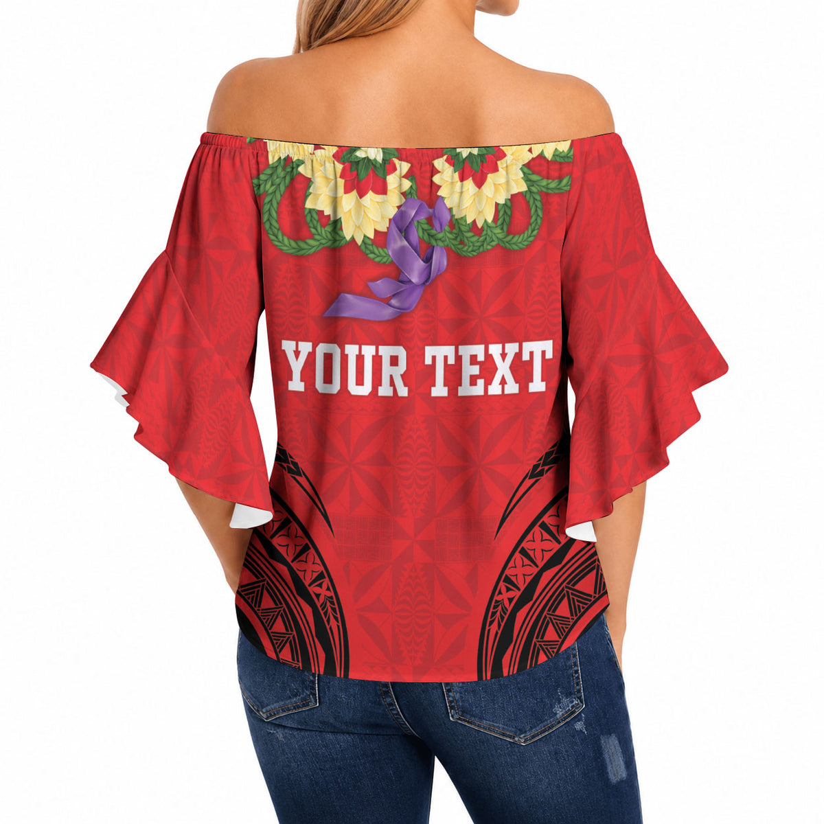 Personalised Red Tonga Ngatu Kahoa Lei Off Shoulder Wrap Waist Top LT14 - Polynesian Pride