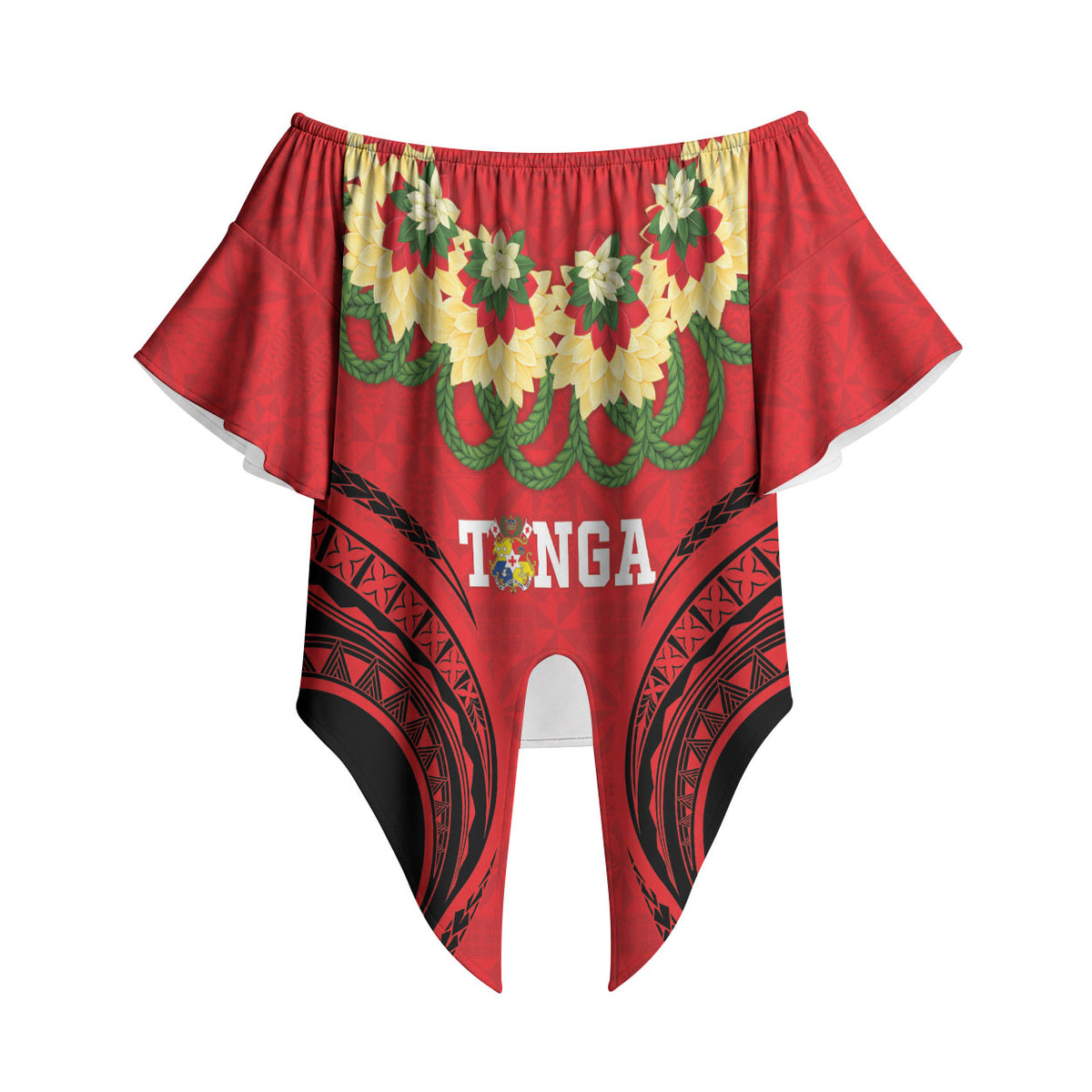 Personalised Red Tonga Ngatu Kahoa Lei Off Shoulder Wrap Waist Top LT14 - Polynesian Pride