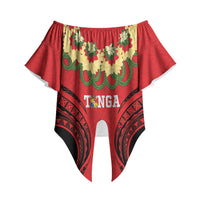 Personalised Red Tonga Ngatu Kahoa Lei Off Shoulder Wrap Waist Top LT14 - Polynesian Pride
