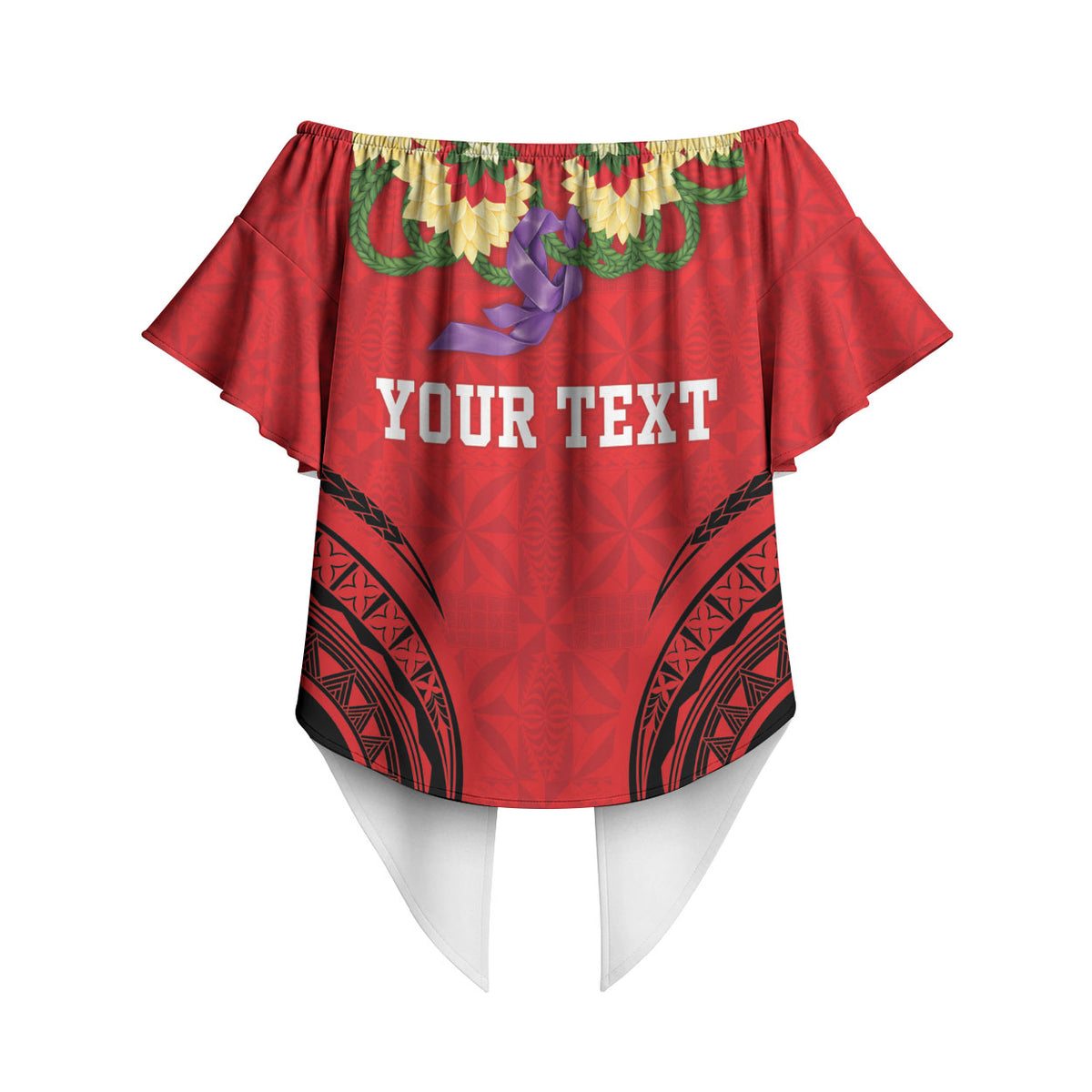 Personalised Red Tonga Ngatu Kahoa Lei Off Shoulder Wrap Waist Top LT14 - Polynesian Pride
