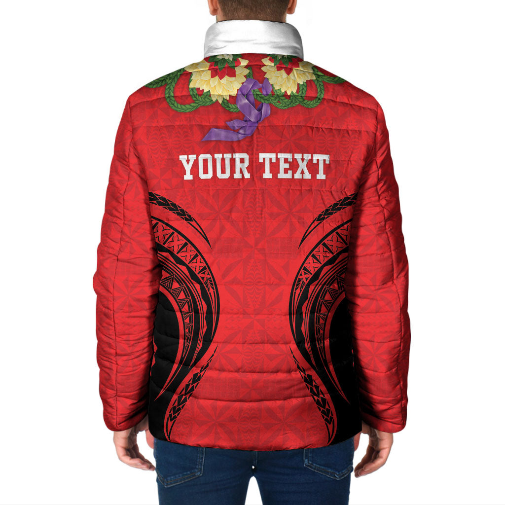 Personalised Red Tonga Ngatu Kahoa Lei Padded Jacket LT14 - Polynesian Pride