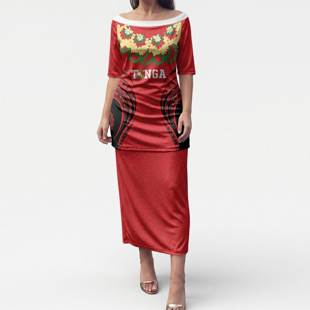 Personalised Red Tonga Ngatu Kahoa Lei Puletasi LT14 Long Dress Red - Polynesian Pride