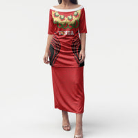 Personalised Red Tonga Ngatu Kahoa Lei Puletasi LT14 Long Dress Red - Polynesian Pride
