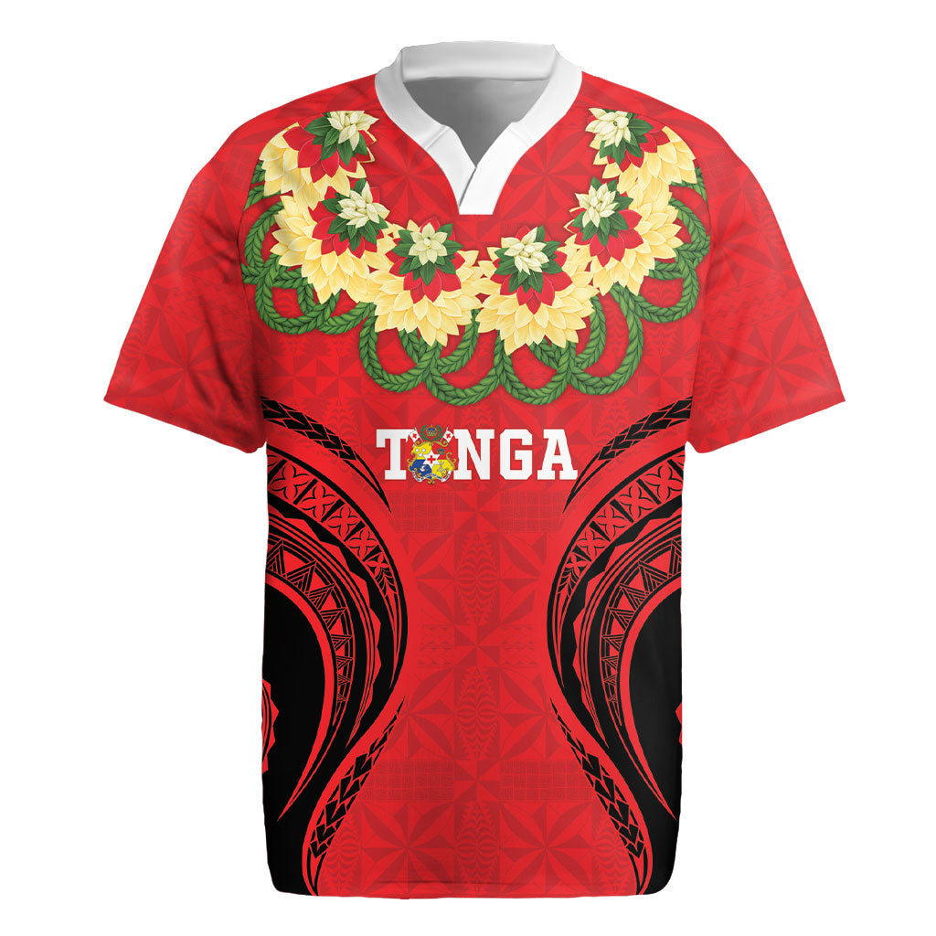 Personalised Red Tonga Ngatu Kahoa Lei Rugby Jersey LT14 Red - Polynesian Pride
